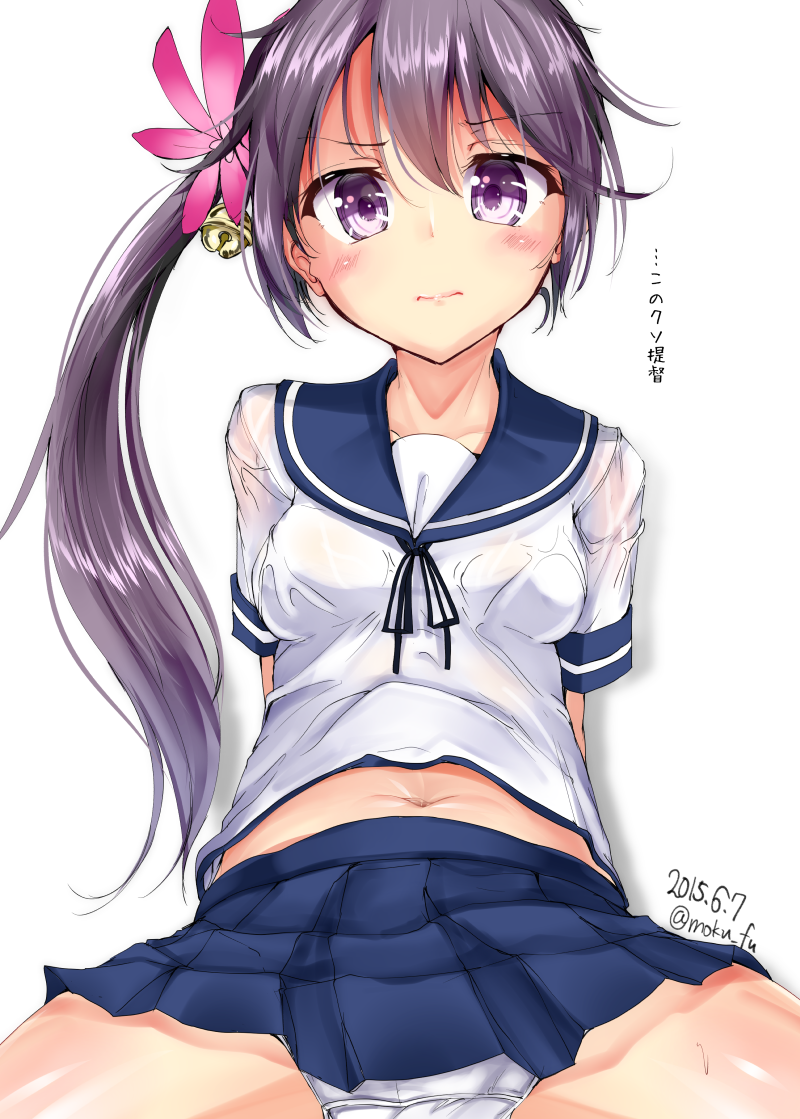 1girl 3: akebono_(kantai_collection) arms_behind_back bell belly_peek blush catchphrase dated hair_ornament jingle_bell kantai_collection long_hair looking_at_viewer midriff mokufuu navel purple_hair school_uniform serafuku short_hair side_ponytail simple_background sitting skirt small_breasts solo spread_legs twitter_username violet_eyes white_background white_legwear