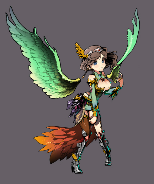 1girl black_hair blue_eyes breasts cleavage cleavage_cutout detached_wings earrings faulds feathered_wings feathers full_body headband jewelry long_hair original single_thighhigh solo steward_b thigh-highs wings