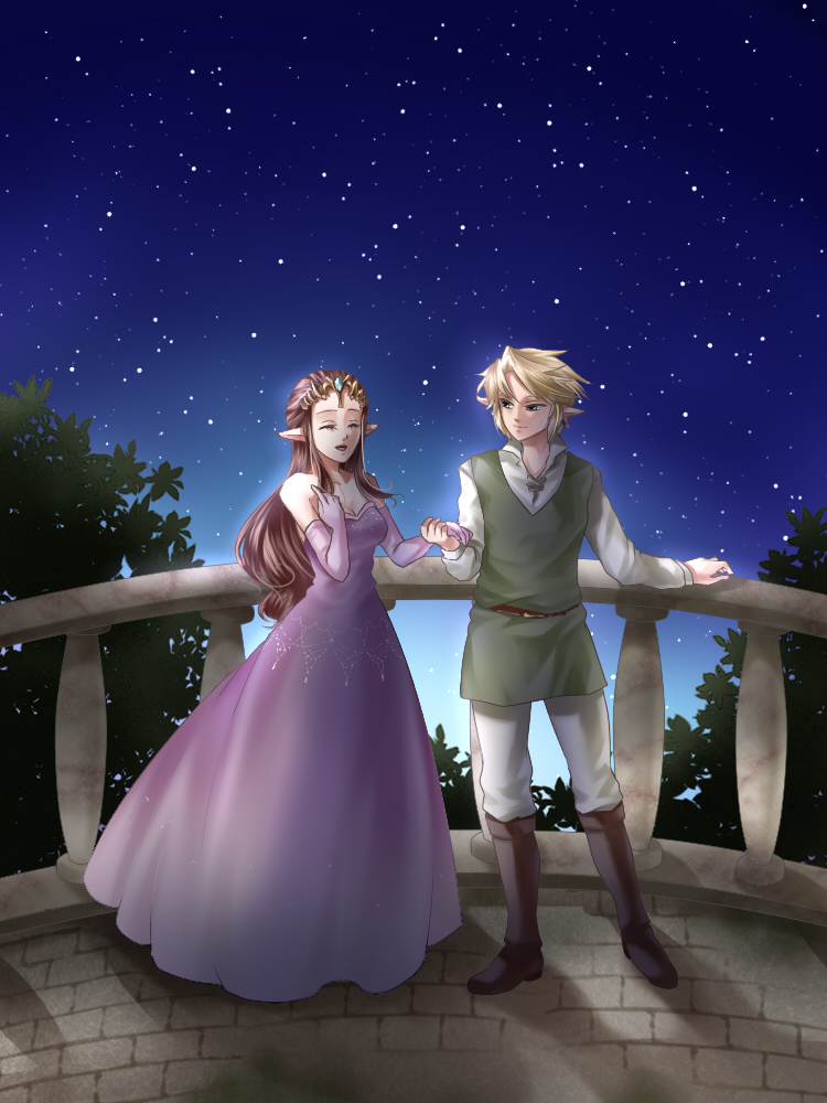 1boy 1girl belt blonde_hair blue_eyes boots brown_hair closed_eyes dress elbow_gloves gloves gown link long_hair night night_sky pointy_ears princess_zelda purple_dress purple_gloves short_hair sky smile star_(sky) starry_sky the_legend_of_zelda tiara tunic twilight_princess wasabi_(legemd)