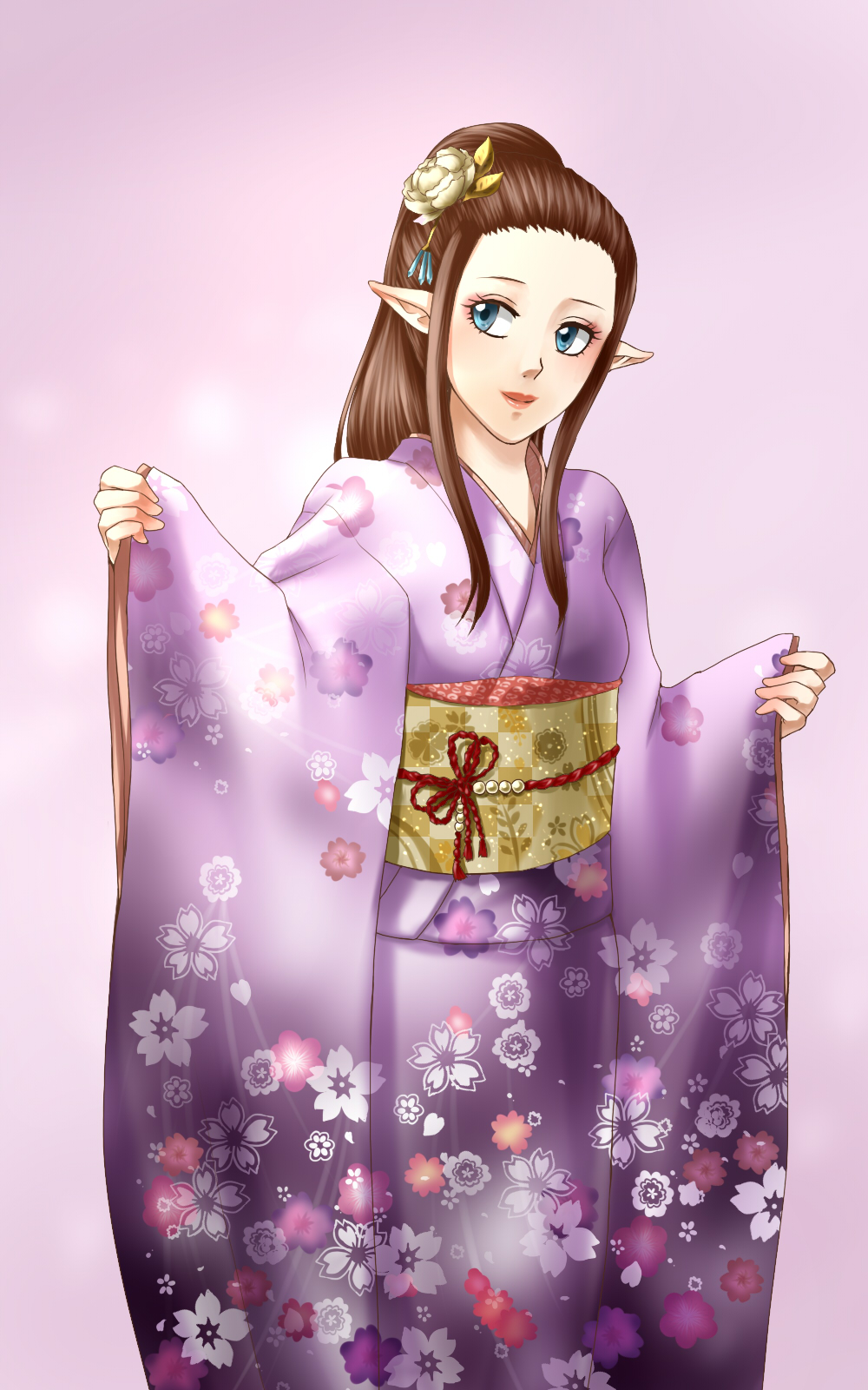 1girl blue_eyes brown_hair flower hair_flower hair_ornament highres japanese_clothes kimono long_hair obi pointy_ears ponytail princess_zelda sash smile solo the_legend_of_zelda twilight_princess wasabi_(legemd)