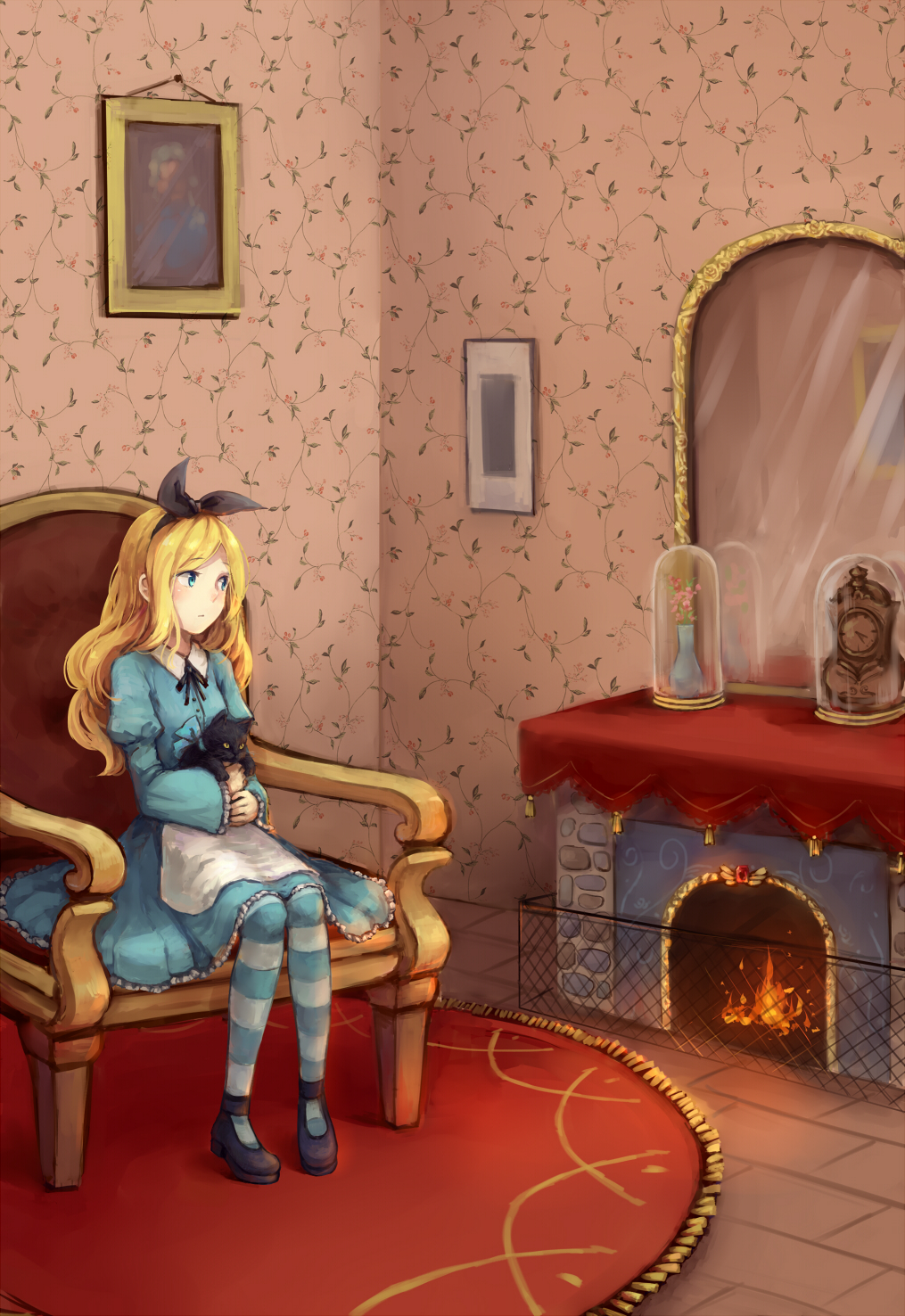 1girl alice_(wonderland) alice_in_wonderland animal armchair black_cat blonde_hair blue_eyes blue_legwear bow bowtie cat chair commentary dome fire fireplace flower flower_ornament framed frilled_skirt frilled_sleeves frills glass hair_bow highres holding indoors legs_together long_hair looking_to_the_side mary_(14476764) mirror painting_(object) pantyhose puffy_sleeves room shoes sitting skirt skirt_set solo striped striped_legwear vase wallpaper_(object) watch wide_sleeves