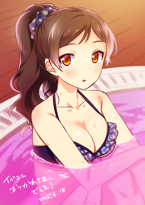 1girl bikini brown_eyes brown_hair idolmaster idolmaster_million_live! kitazawa_shiho long_hair partially_submerged plaid plaid_bikini ponytail print_scrunchie scrunchie solo star_print swimsuit touon