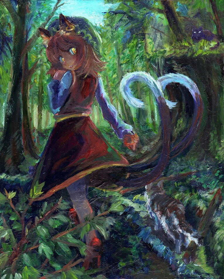 1girl animal_ears bangs bright_pupils brown_hair bush cat cat_ears cat_tail chen dress earrings fang harikona hat high_heels jewelry leaf long_sleeves looking_back mob_cap multiple_tails nekomata oil_painting_(medium) open_mouth outdoors parted_bangs puffy_sleeves red_dress shirt solo tail touhou tree two_tails white_legwear white_shirt yellow_eyes zun_hat