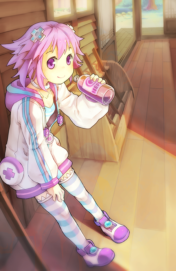 1girl bottle choujigen_game_neptune d-pad drinking hoodie leaning looking_at_viewer neptune_(choujigen_game_neptune) neptune_(series) purple_hair segamark solo striped striped_legwear thigh-highs violet_eyes