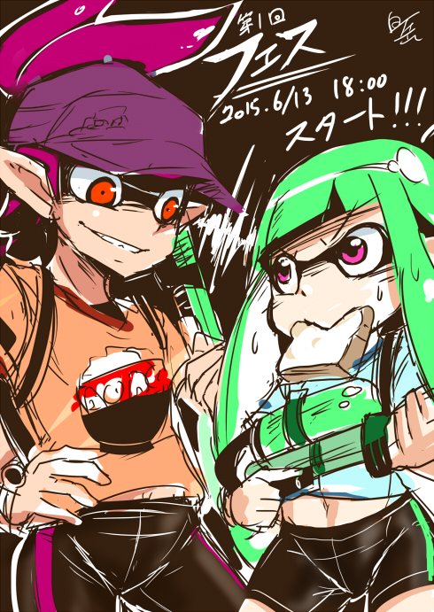 2girls aori_(splatoon) baseball_cap commentary_request food_in_mouth green_hair hat inkling long_hair mask mouth_hold multiple_girls navel pointy_ears red_eyes rice rice_bowl shirotake_jinan shirt splatoon super_soaker tentacle_hair toast toast_in_mouth violet_eyes