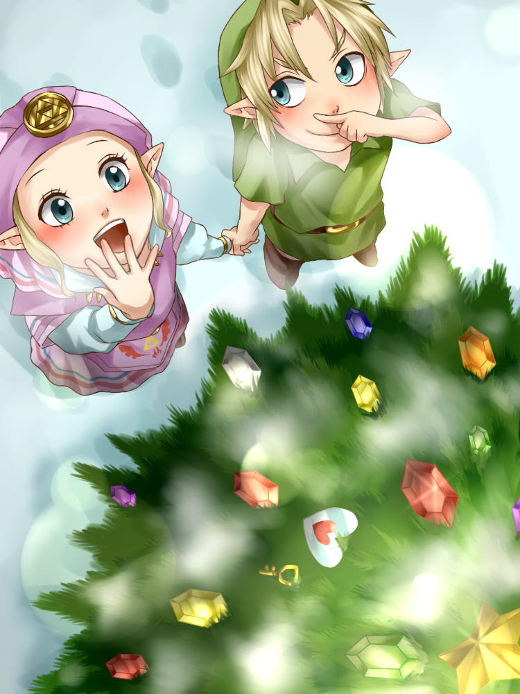 1boy 1girl blonde_hair boots child christmas_tree dress footprints from_above holding_hands link ocarina_of_time open_mouth princess_zelda smile snow the_legend_of_zelda tree wasabi_(legemd) younger