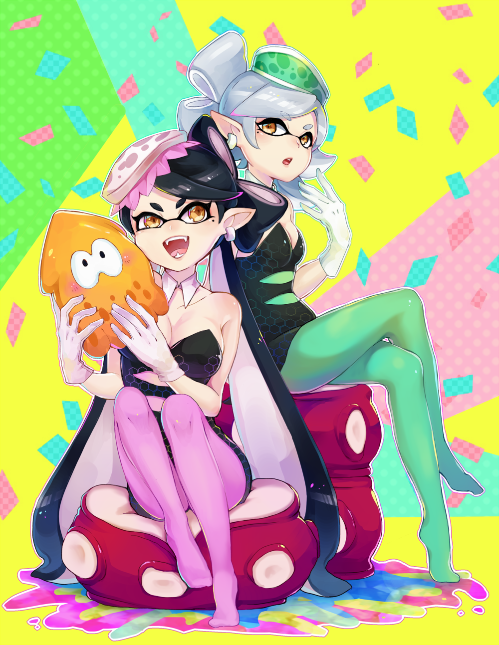 +_+ 2girls :d :o aori_(splatoon) bare_shoulders black_hair blush breasts chestnut_mouth cleavage crossed_legs detached_collar domino_mask dress earrings eyebrows fangs food food_on_head gloves green_legwear hair_rings highres holding hotaru_(splatoon) jewelry konomoto_(knmtzzz) large_breasts long_hair mask mole mole_under_eye multiple_girls no_shoes object_on_head open_mouth orange_eyes outline paint paint_splatter pantyhose pointy_ears purple_legwear short_hair siblings silver_hair sisters sitting smile splatoon squid strapless_dress sushi symbol-shaped_pupils tentacle_hair thick_eyebrows unitard white_gloves