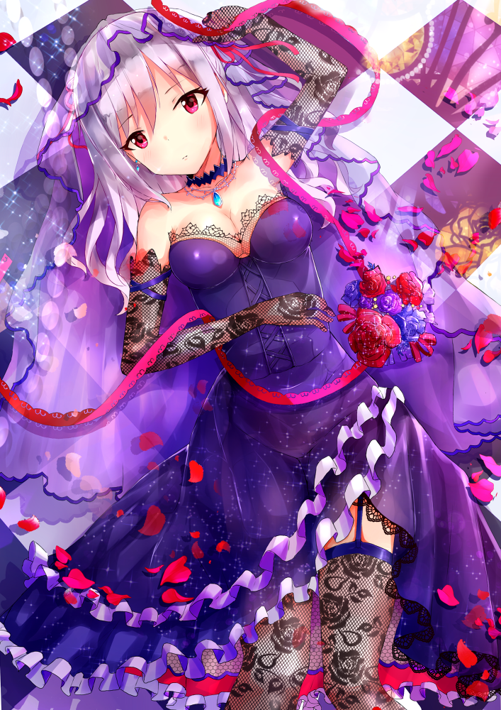 1girl adosan_(horaizon1211) bare_shoulders breasts bridal_veil checkered checkered_floor cleavage dress elbow_gloves fishnets garter_straps gloves idolmaster idolmaster_cinderella_girls jewelry kanzaki_ranko lace-trimmed_dress long_hair lying necklace on_back red_eyes silver_hair solo thigh-highs veil wedding_dress