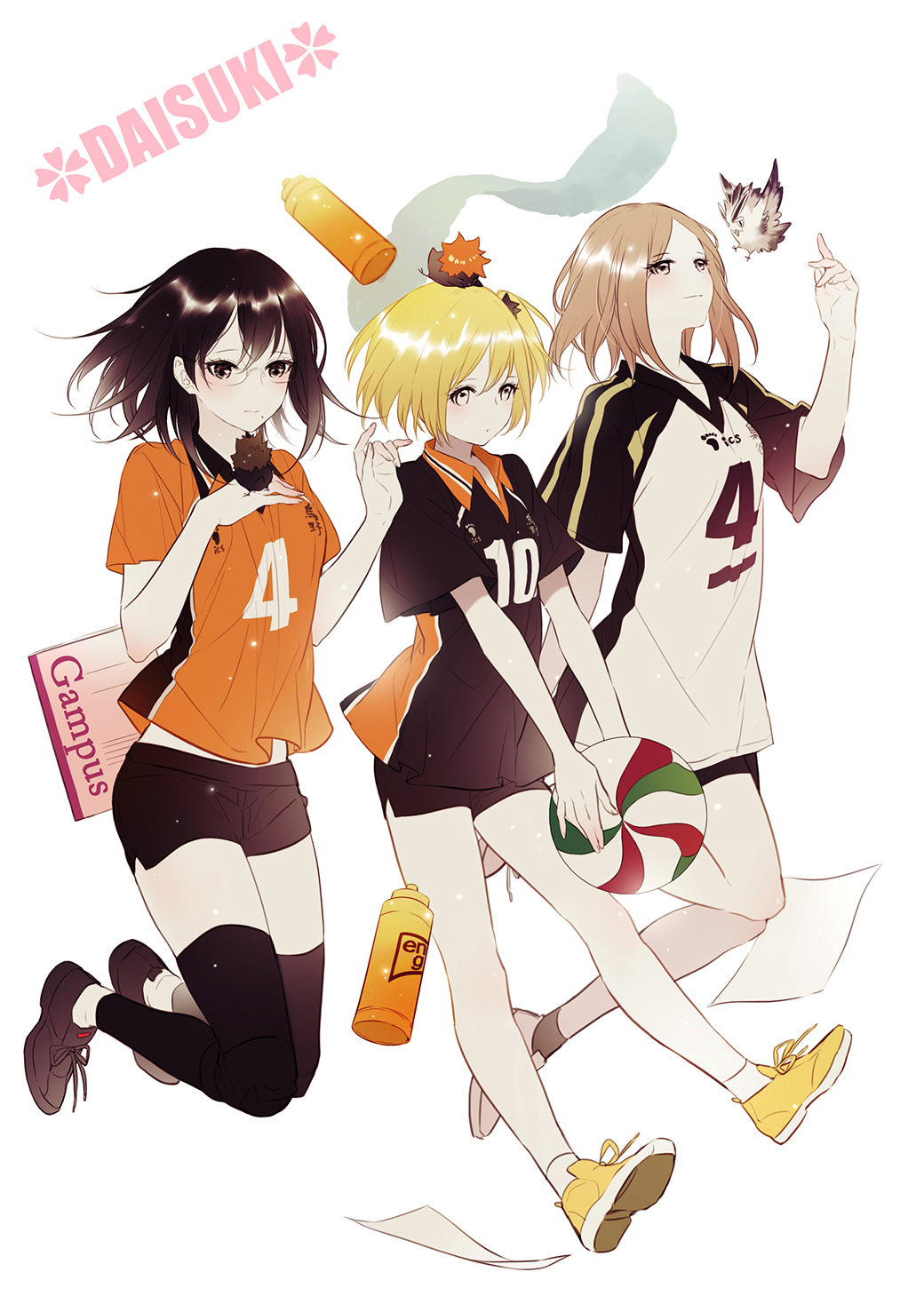 3girls animal_on_head bird bird_on_hand bird_on_head black_hair blonde_hair blush brown_eyes brown_hair character_request full_body glasses haikyuu!! highres long_hair multiple_girls shimizu_kiyoko short_hair smile yachi_hitoka yasai_(getsu)