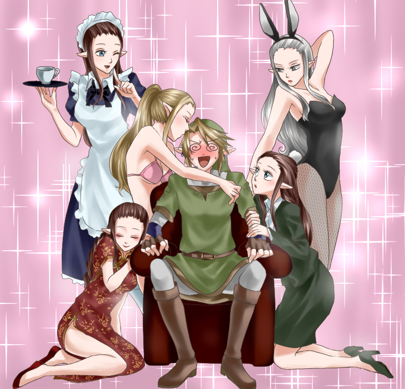 1boy 5girls alternate_color animal_ears apron bikini blue_eyes blush boots brown_hair bunny_girl bunny_tail bunnysuit china_dress chinese_clothes clone closed_eyes contemporary cup dress fingerless_gloves fishnet_pantyhose fishnets formal gloves harem hat high_heels kiss link long_hair maid_headdress multiple_girls office_lady one_eye_closed pantyhose pointy_ears ponytail princess_zelda rabbit_ears skirt skirt_suit smile sparkle suit sweat swimsuit tail the_legend_of_zelda tunic twilight_princess wasabi_(legemd)