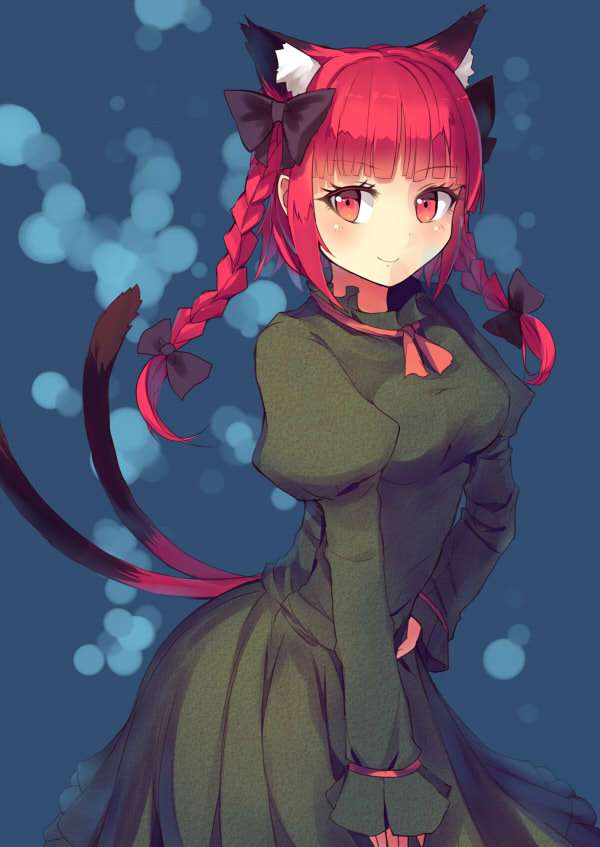 1girl animal_ears black_bow blue_background blush bow braid cat_ears cat_tail cowboy_shot culter dress extra_ears eyelashes green_dress hair_bow hair_ribbon hand_on_hip kaenbyou_rin long_hair long_sleeves multiple_tails red_eyes red_ribbon redhead ribbon smile solo tail touhou twin_braids