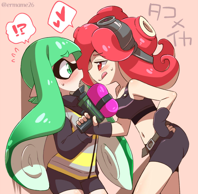 !? 2girls :p artist_name bike_shorts blush commentary domino_mask eromame fangs fingerless_gloves flying_sweatdrops gloves goggles goggles_on_head green_eyes green_hair hand_on_hip heart inkling long_hair midriff multiple_girls navel open_mouth red_eyes redhead short_hair size_difference smile splatoon super_soaker takozonesu tank_top tentacle_hair tongue tongue_out translated yuri
