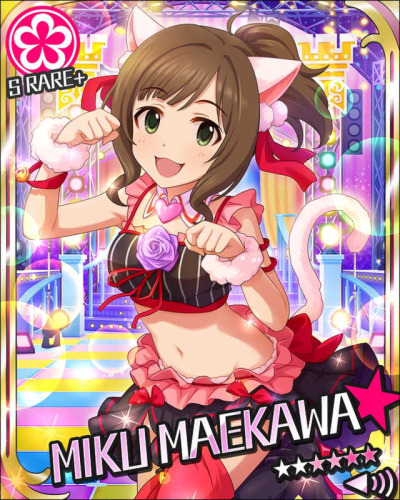 :3 blush brown_hair cat_ears character_name dress green_eyes idolmaster idolmaster_cinderella_girls maekawa_miku neko_mimi ponytail short_hair stars