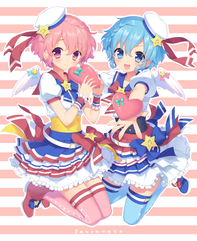 1boy 1girl :d artist_name belt bird_wings blue_boots blue_bow blue_eyes blue_hair blue_legwear blush boots bow bowtie braid brother_and_sister curly_hair dorothy_west frilled_skirt frills full_body hat heart holding idol layered_skirt leona_west looking_at_viewer mole mole_under_eye musical_note open_mouth otoko_no_ko outline outstretched_arm pink_eyes pink_hair pink_legwear pleated_skirt puffy_short_sleeves puffy_sleeves puri_para red_boots red_bow sailor_collar sailor_hat sakura_neko short_hair short_sleeves siblings skirt smile star striped striped_background thigh-highs twins white_wings wings wrist_cuffs