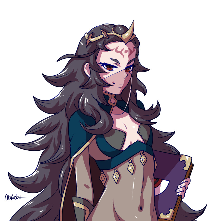1girl akairiot black_hair bodystocking book cleavage_cutout cloak covered_mouth covered_navel eyelashes facial_mark fire_emblem fire_emblem_if forehead_mark horned_headwear long_hair messy_hair nyx_(fire_emblem_if) red_eyes small_breasts smile solo tiara upper_body veil very_long_hair