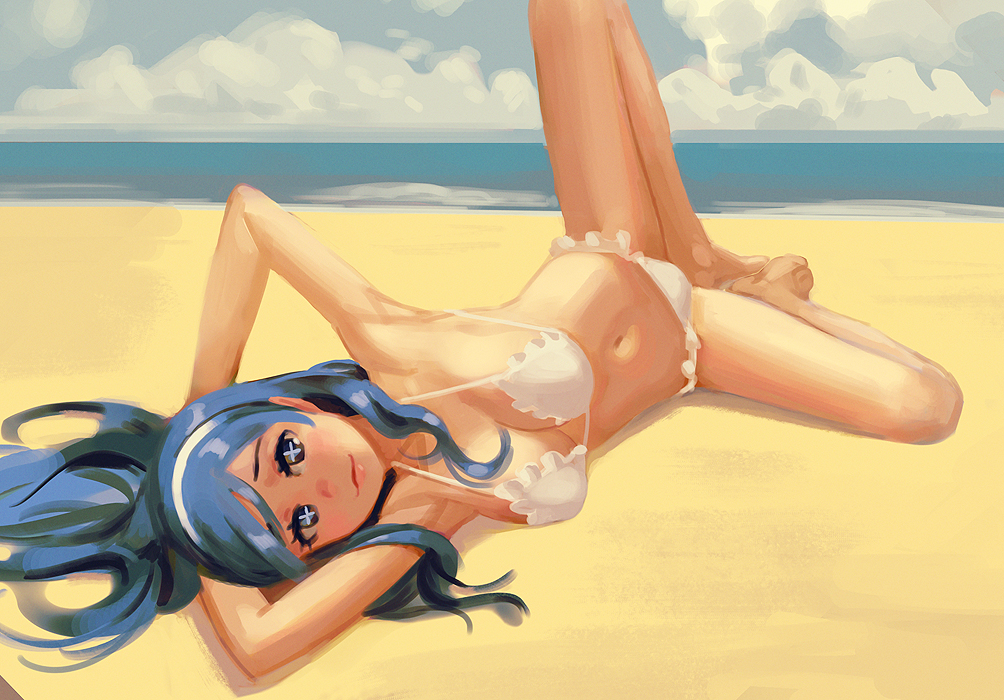 +_+ 1girl arms_up beach bikini blue_eyes blue_hair character_request clouds copyright_request doyora hairband long_hair looking_at_viewer lying navel on_back open_mouth sand sky smile solo spread_legs swimsuit white_bikini white_swimsuit