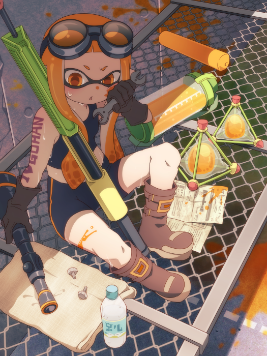 1girl artist_request bike_shorts black_gloves boots brown_boots chestnut_mouth gloves goggles goggles_on_head heart holding inkling long_hair mask open_mouth orange_eyes orange_hair pain sitting solo splatoon sweat tank_top wrench