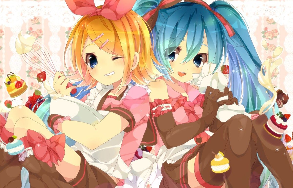 2girls hanasaki_coa hatsune_miku kagamine_rin multiple_girls smile vocaloid