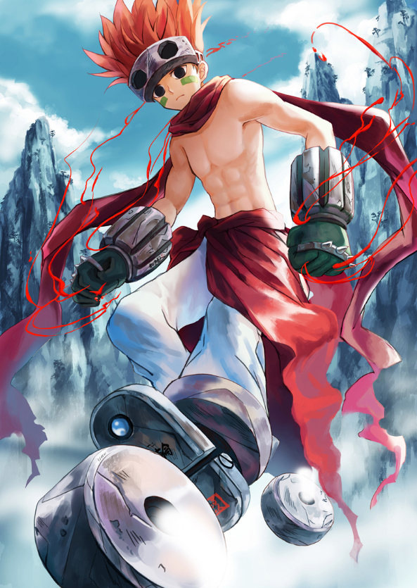 bare_chest black_eyes boots brass_knuckles clouds facial_mark foreshortening from_below gauntlets houshin_engi moai_(aoh) mountain nataku redhead scarf shirtless trail waist_cape weapon