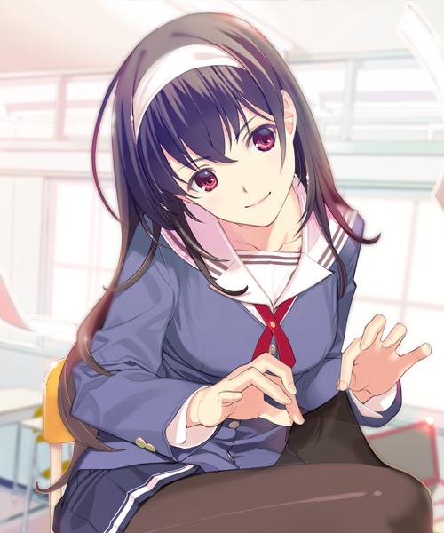 1girl black_hair black_legwear breasts hairband kasumigaoka_utaha long_hair looking_at_viewer mibu_natsuki pantyhose red_eyes saenai_heroine_no_sodatekata school_uniform smile solo