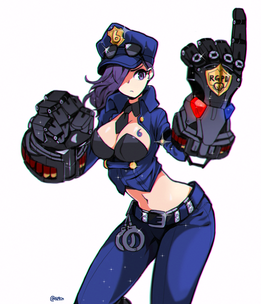 1girl belt between_breasts breasts cleavage cuffs detached_collar gauntlets hair_over_one_eye handcuffs jorin large_breasts league_of_legends long_hair midriff navel necktie necktie_between_breasts police police_uniform purple_hair short_necktie solo sparkle sunglasses sunglasses_on_head tattoo uniform vi_(league_of_legends) violet_eyes white_background worried