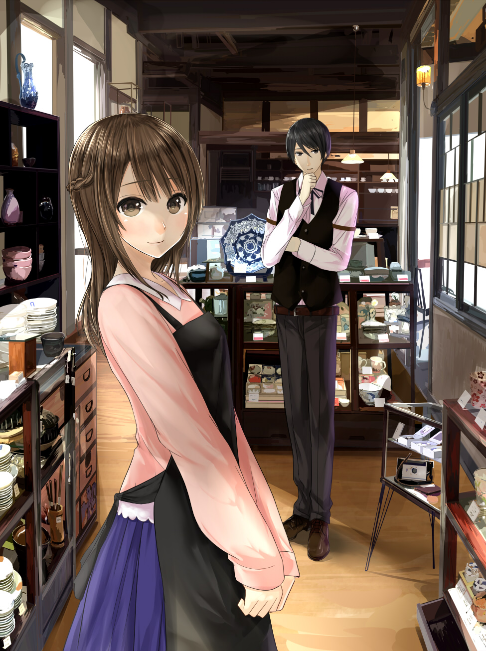 1boy 1girl apron bangs black_hair blouse bowl braid brown_eyes brown_hair cabinet character_request chef_no_kimagure_salad chin_rest cover cover_page dishes display dress_shirt grey_pants hanging_light highres indoors kyoto_teramachi_sanjo_no_holmes long_hair long_sleeves neck_ribbon pants pink_blouse pitcher plate porcelain purple_skirt rafters ribbon shelf shirt shop short_hair skirt smile standing v_arms waistcoat white_shirt window wing_collar