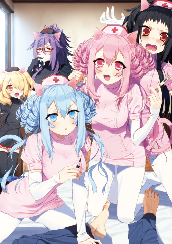 &gt;:o 1boy 5girls :d :o animal_ears bangs barefoot black_dress black_gloves black_hair black_legwear blonde_hair blue_eyes blue_hair blush breasts cat_ears cat_tail curly_hair d: detached_sleeves dress eyebrows eyebrows_visible_through_hair fangs female finger_to_mouth flipped_hair glasses gloves hair_between_eyes hair_over_one_eye hat hikaru_kirara holding indoors kneeling large_breasts long_hair looking_at_another looking_at_viewer lying male moe2016 multiple_girls nurse nurse_cap on_bed open_mouth orange_eyes original out_of_frame pants pantyhose pink_dress pink_eyes pink_hair ponytail puffy_short_sleeves puffy_sleeves purple_hair red-framed_glasses red_eyes shade short_dress short_sleeves slit_pupils smile sweat syringe tail thermometer thigh-highs two_side_up white_gloves white_legwear