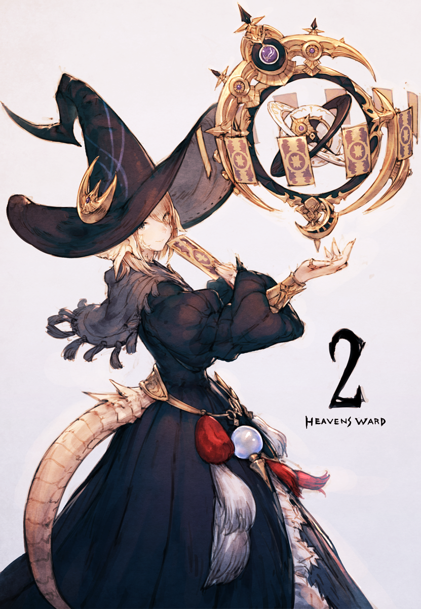 1girl au_ra card dress final_fantasy final_fantasy_xiv grey_background hat highres junwool looking_at_viewer puffy_sleeves short_hair simple_background solo tail witch_hat