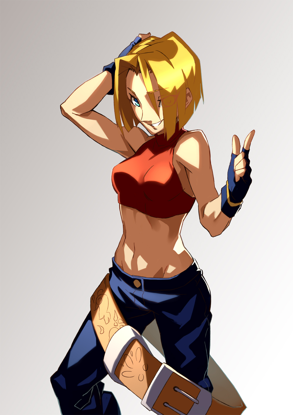 1girl baggy_pants bare_shoulders belt blonde_hair blue_eyes blue_mary breasts fatal_fury fingerless_gloves gloves highres king_of_fighters large_breasts lolik midriff navel pants short_hair smile snk solo straight_hair