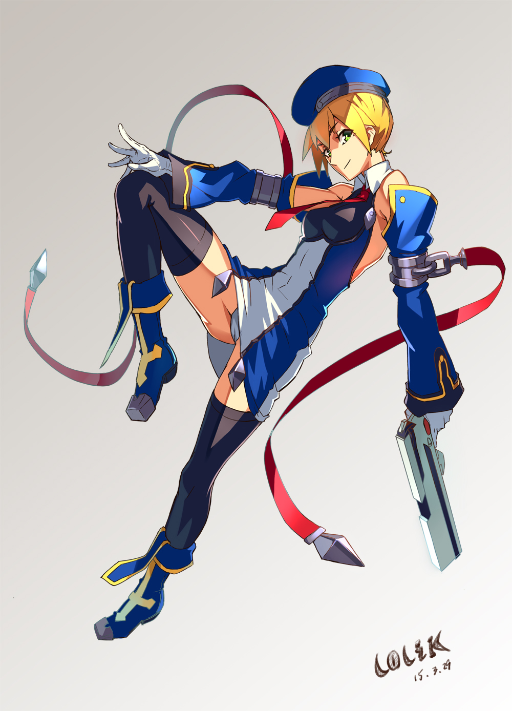 1girl beret black_legwear blazblue blonde_hair blue_boots bolverk boots detached_sleeves dual_persona gloves green_eyes gun hat highres lolik long_hair necktie noel_vermillion panties pantyshot solo thigh-highs underwear weapon