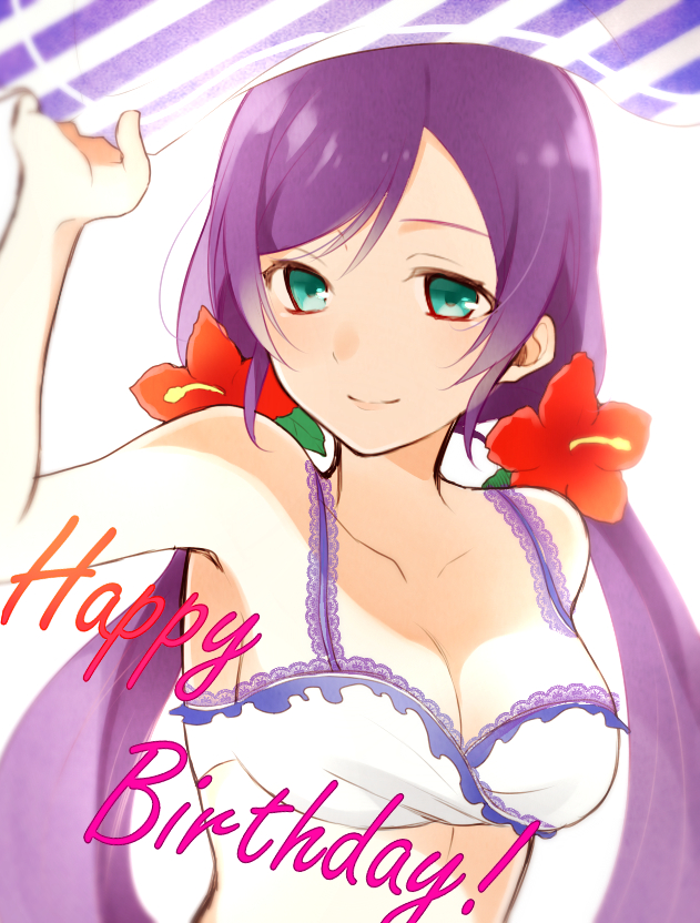 bikini blush green_ee long_hair love_live!_school_idol_project low_twintails smile toujou_nozomi twintails violet_hair