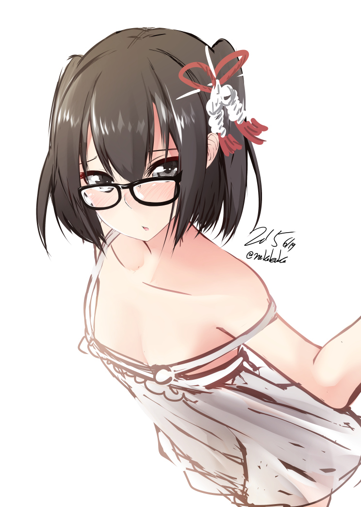 1girl bespectacled black-framed_glasses black_eyes black_hair blush camisole dated glasses hair_ornament kantai_collection looking_at_viewer nekobaka sendai_(kantai_collection) short_hair simple_background solo strap_slip twitter_username two_side_up white_background