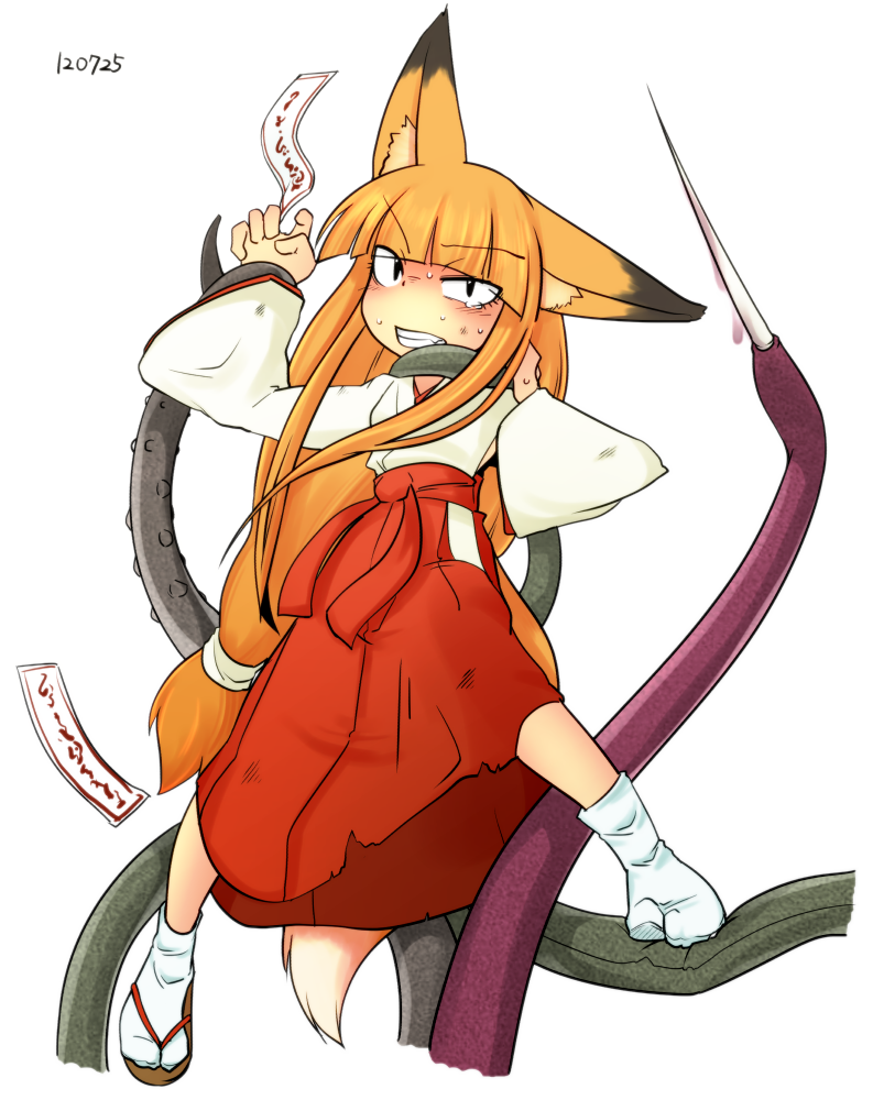 1girl animal_ears asphyxiation commentary_request dated fox_ears fox_tail hair_ribbon hime_cut japanese_clothes looking_at_viewer miko original ribbon sakifox sakitsune simple_background single_sandal slit_pupils socks spikes sweat tabi tail tentacles white_background white_legwear wide_sleeves