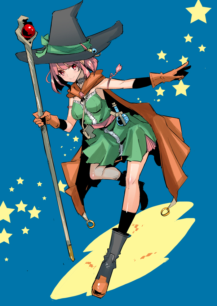 1girl boots breasts cape dragon_quest dragon_quest_iii dress flask gloves hat leg_up looking_at_viewer mage_(dq3) pink_eyes pink_hair short_dress smile solo staff standing_on_one_leg star tajima_ryoushi witch_hat