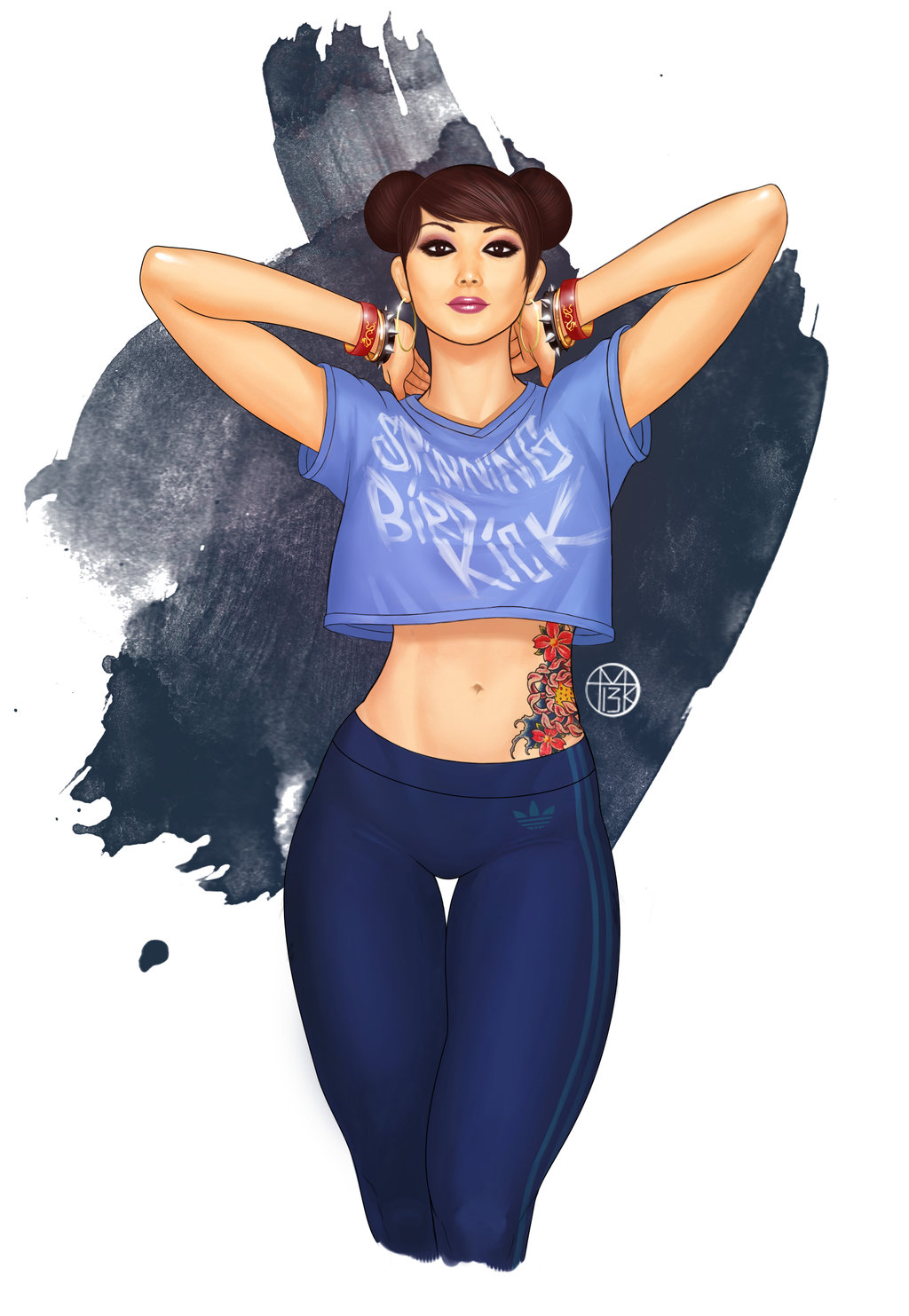 1girl adidas brown_eyes brown_hair casual chun-li crop_top double_bun earrings eyeshadow highres hoop_earrings jewelry lips lipstick looking_at_viewer makeup marcel_ramos midriff navel nose pants short_hair solo street_fighter t-shirt tattoo thigh_gap track_pants