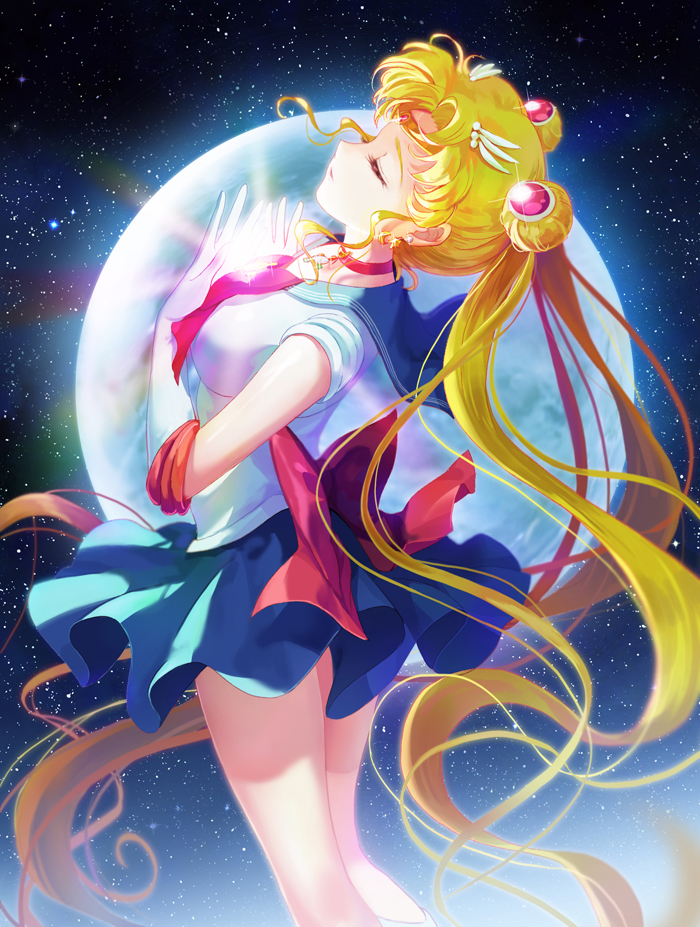 bishoujo_senshi_sailor_moon blonde_hair choker closed_eyes double_bun earth elbow_gloves gloves hair_ornament hairclip headband long_hair moai_(aoh) pleated_skirt ribbon sailor_moon shiny skirt sky space star_(sky) starry_sky tsukino_usagi twintails very_long_hair white_gloves wind_lift