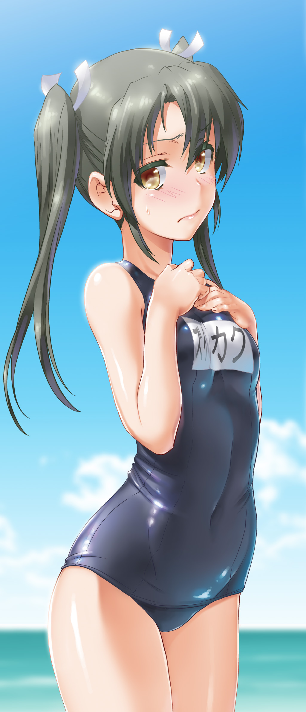 1girl alternate_costume black_hair blush brown_eyes byeontae_jagga covered_navel hair_ribbon highres kantai_collection long_hair looking_at_viewer name_tag one-piece_swimsuit ribbon school_swimsuit small_breasts solo swimsuit twintails zuikaku_(kantai_collection)