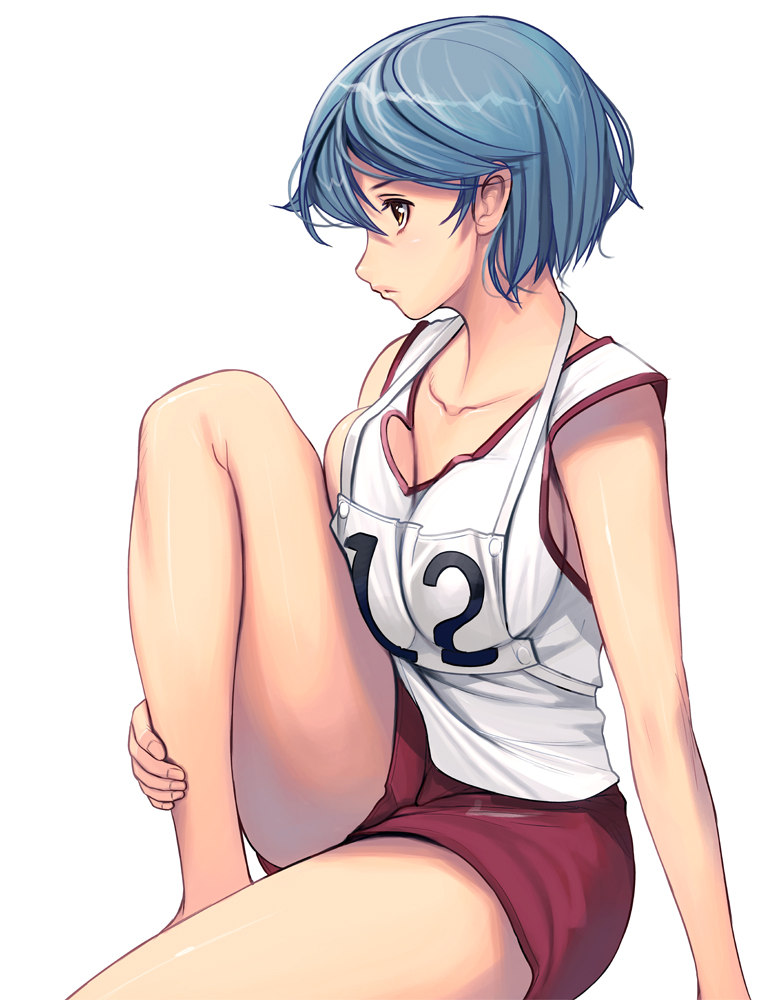 1girl bare_arms bare_legs blue_hair breast_squeeze breasts collarbone large_breasts leg_hug masao no_bra original shirt short_hair shorts sitting sleeveless sleeveless_shirt solo thighs track_and_field yellow_eyes