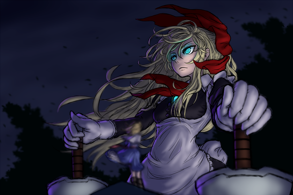 2girls alice_margatroid apron blonde_hair blue_dress blue_eyes blurry dark doll dress giantess gloves glowing glowing_eyes goliath_doll hair_ornament hair_ribbon long_hair long_sleeves looking_away miata_(pixiv) multiple_girls ribbon short_hair touhou weapon white_gloves