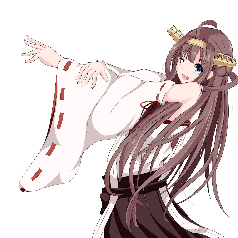 1girl ahoge bare_shoulders brown_hair detached_sleeves double_bun hairband headgear japanese_clothes kantai_collection kongou_(kantai_collection) kuro75268 long_hair looking_at_viewer looking_to_the_side nontraditional_miko one_eye_closed open_mouth outstretched_arm reaching ribbon-trimmed_sleeves ribbon_trim simple_background smile solo stretch upper_body white_background