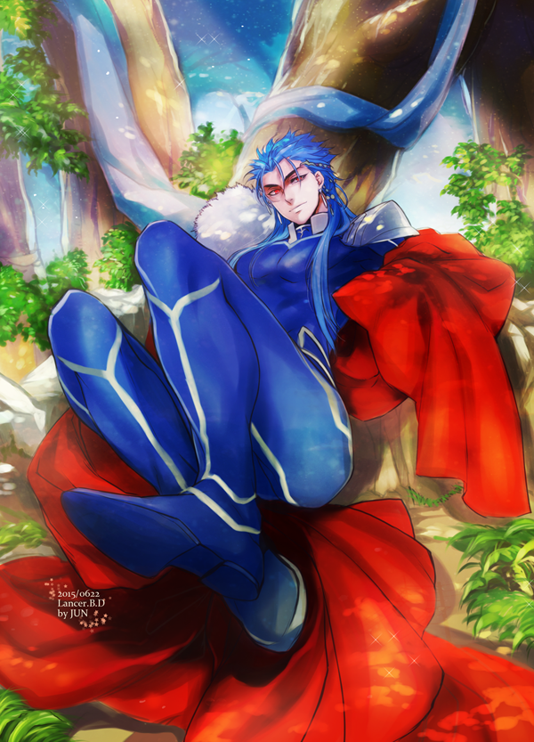 1boy blue_hair bodysuit cape fate/stay_night fate_(series) feet jun_(ash) lancer long_hair ponytail red_eyes solo
