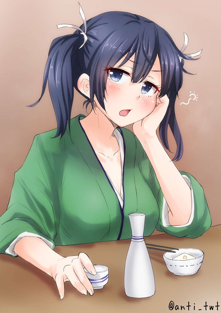 1girl alcohol anti_(untea9) blue_hair blush breasts chin_rest choko_(cup) drunk hair_ribbon highres japanese_clothes kantai_collection large_breasts open_mouth ribbon sake short_hair solo souryuu_(kantai_collection) tokkuri twintails twitter_username