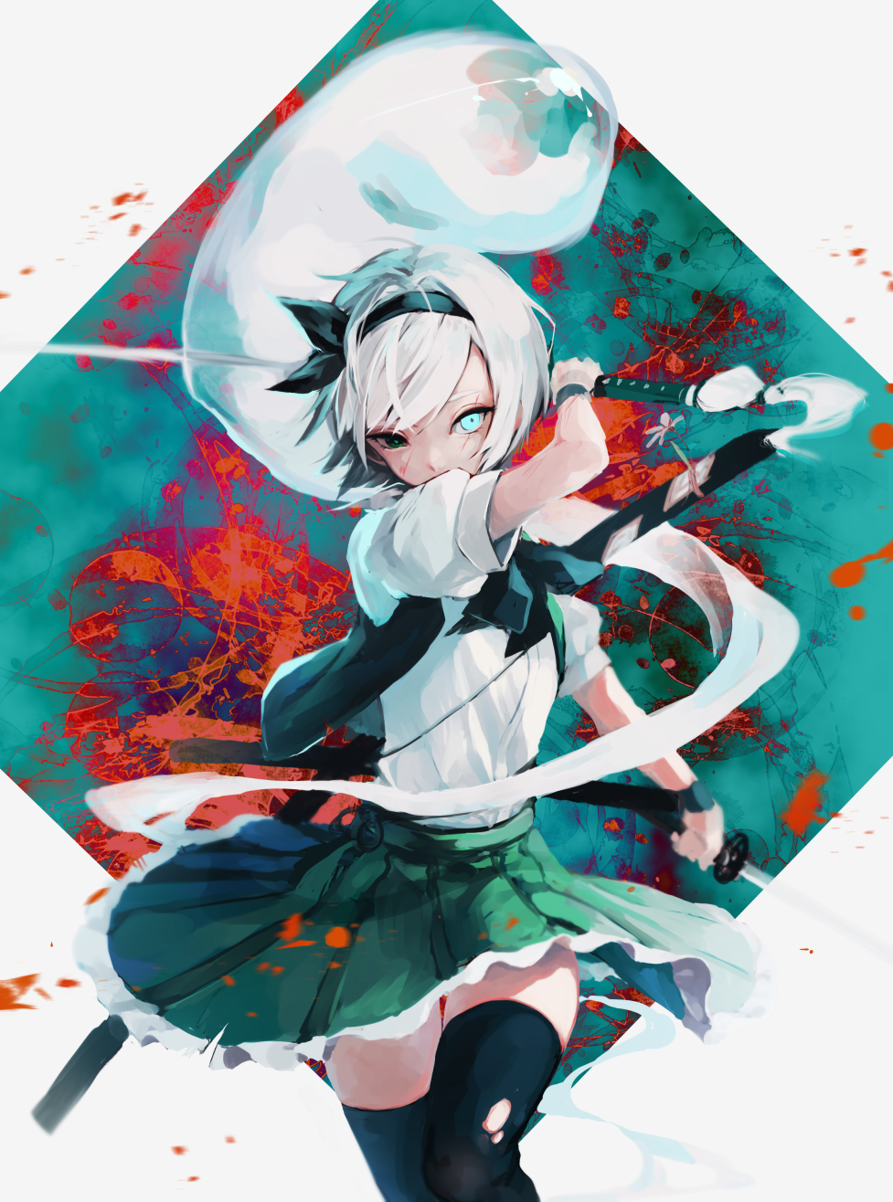 1girl blood blood_splatter blue_eyes dual_wielding gensou_aporo ghost glowing glowing_eye green_eyes hair_ribbon hairband heterochromia highres holding katana konpaku_youmu konpaku_youmu_(ghost) looking_at_viewer neck_ribbon ribbon scabbard scratches sheath short_hair skirt solo sword thigh-highs touhou vest weapon white_hair zettai_ryouiki