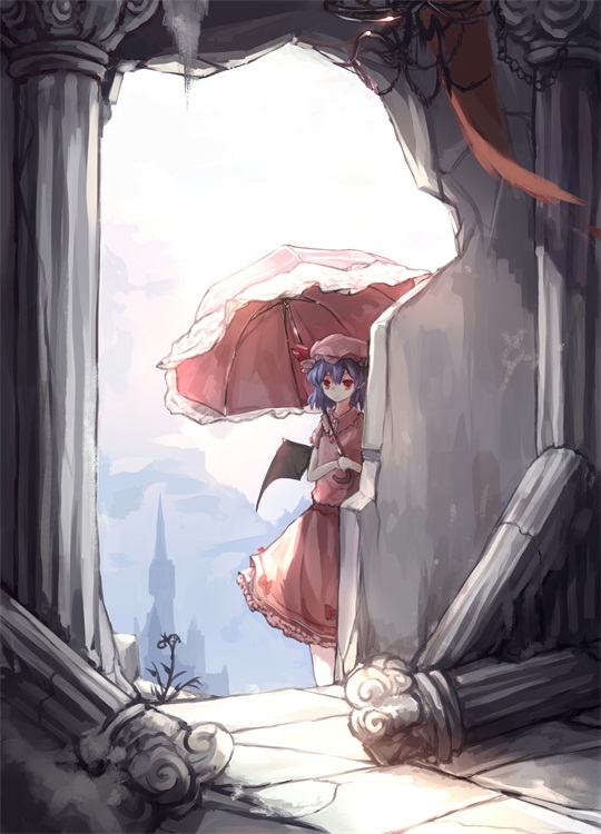 1girl bat_wings blue_hair bow castle chandelier dress grass hat hat_bow holding_umbrella kotou_(ko-tou) light mob_cap parasol pillar pink_dress red_eyes remilia_scarlet ribbon-trimmed_headwear ribbon_trim ruins short_hair short_sleeves smile solo sunlight tapestry touhou umbrella wings