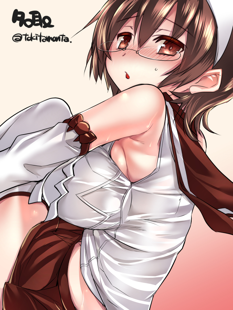 1girl bespectacled blush breasts brown_eyes brown_hair chestnut_mouth detached_sleeves from_side glasses hairband impossible_clothes kantai_collection looking_at_viewer natori_(kantai_collection) school_uniform serafuku short_hair solo thigh-highs tokita_monta twitter_username white_legwear