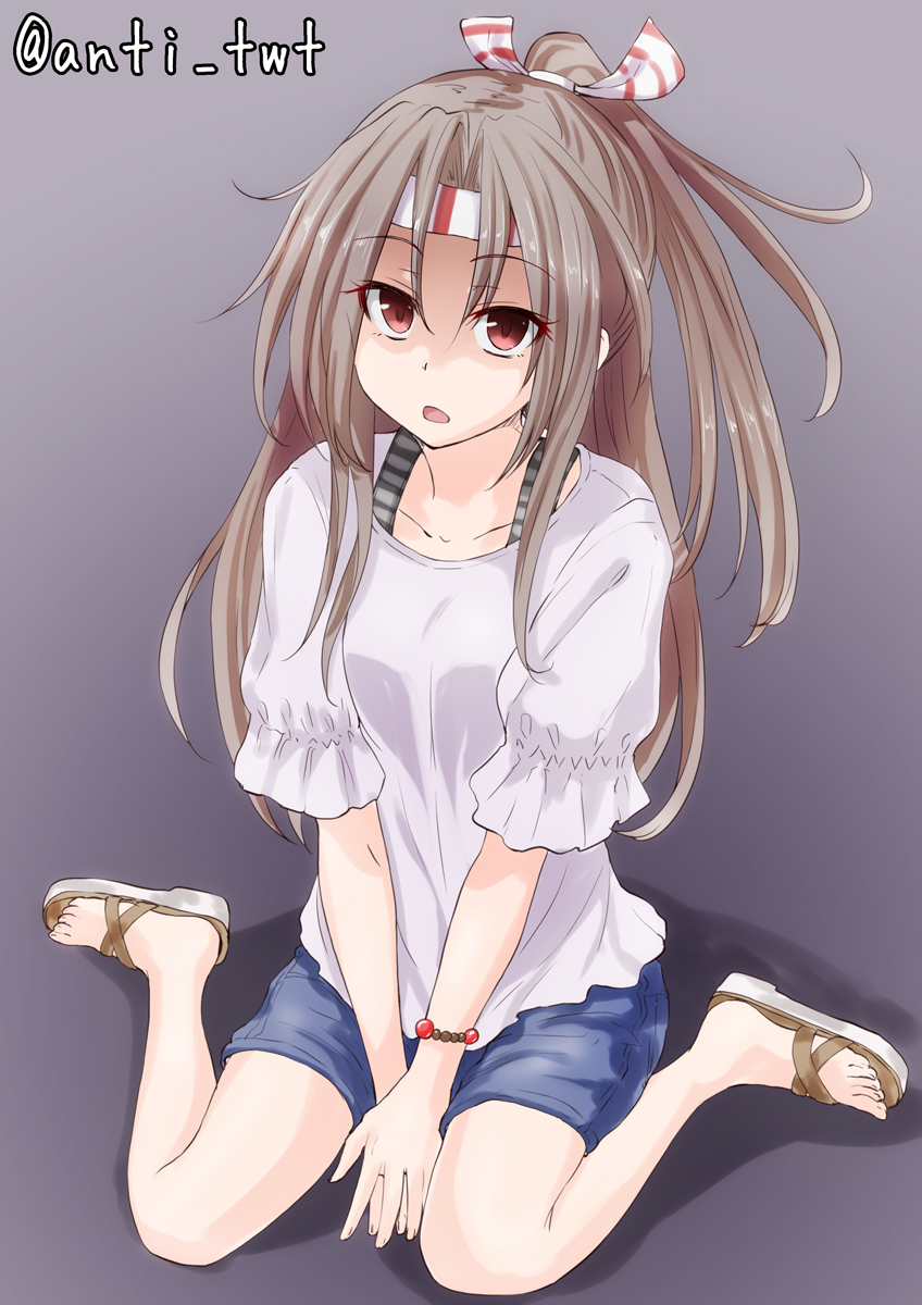 1girl anti_(untea9) bracelet brown_eyes brown_hair casual hachimaki headband high_ponytail highres jewelry kantai_collection long_hair looking_at_viewer open_mouth ponytail sandals shorts sitting solo twitter_username wariza zuihou_(kantai_collection)