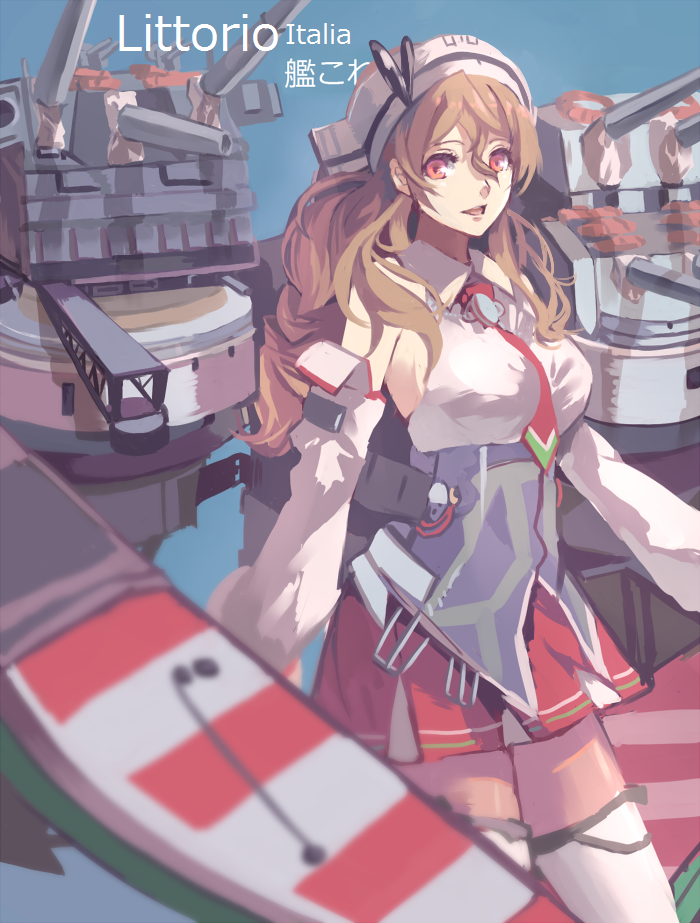 1girl brown_eyes brown_hair hat kantai_collection lanlanlu_(809930257) littorio_(kantai_collection) long_hair machinery necktie ponytail smile solo turret