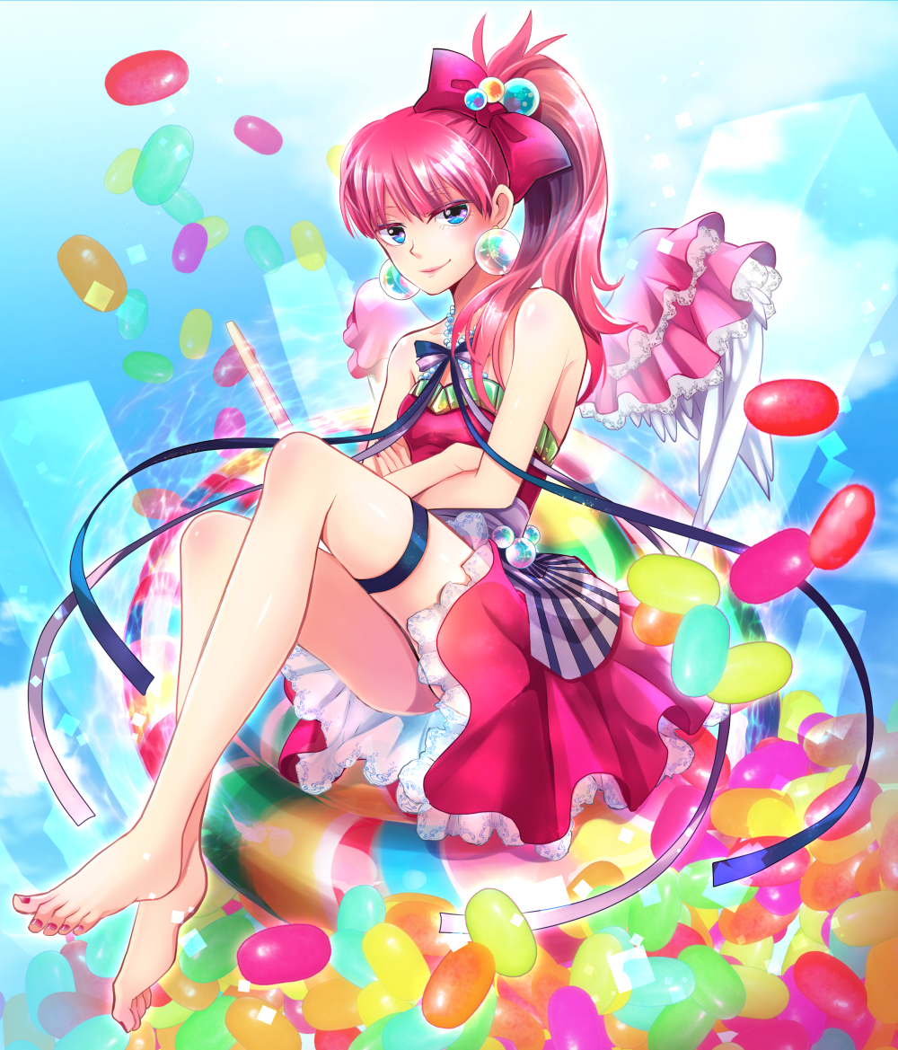 1girl bare_shoulders barefoot blue_eyes candy crossed_arms dress earrings feet hair_ribbon himerinco jelly_bean jewelry legs long_hair original ponytail redhead ribbon smile solo strapless_dress toenail_polish toes wings