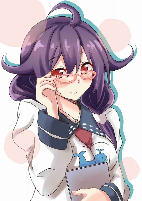 1girl ahoge antenna_hair bespectacled blush commentary_request glasses hair_between_eyes hair_flaps kantai_collection light_smile long_hair long_sleeves looking_at_viewer low_twintails matewi_(akuty_ikkot) puffy_long_sleeves puffy_sleeves purple_hair red_eyes school_uniform solo taigei_(kantai_collection) twintails