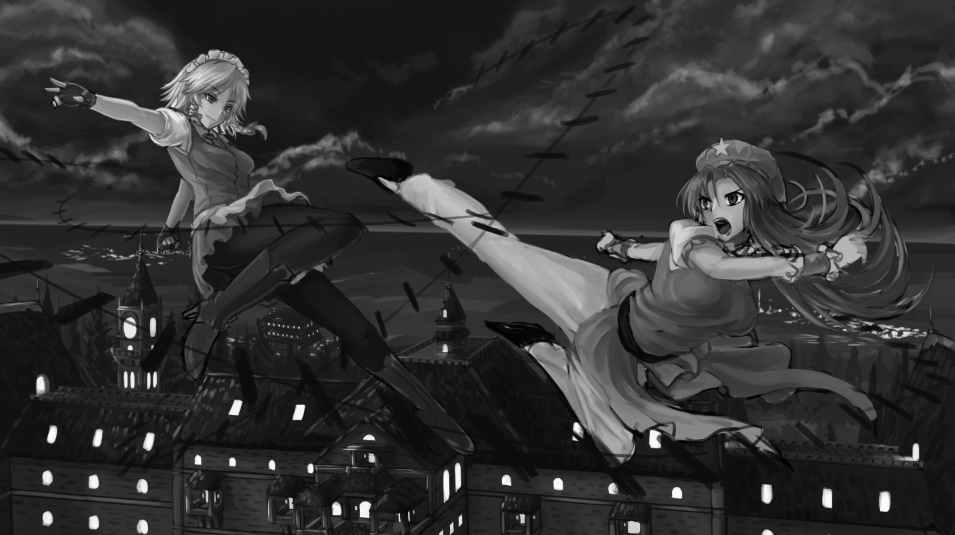 2girls beret boots breasts chinese_clothes dodging fingerless_gloves flats flying_kick freeze-ex gloves greyscale hat hong_meiling izayoi_sakuya kicking knife large_breasts maid_headdress monochrome multiple_girls pantyhose pelvic_curtain skirt smile star too_many_knives touhou work_in_progress wrist_cuffs